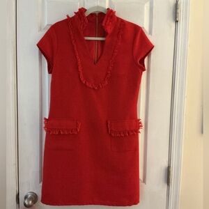 Sail to Sable Red Gold Metallic Boucle Tweed Fringe Tunic Shift Dress EUC 6